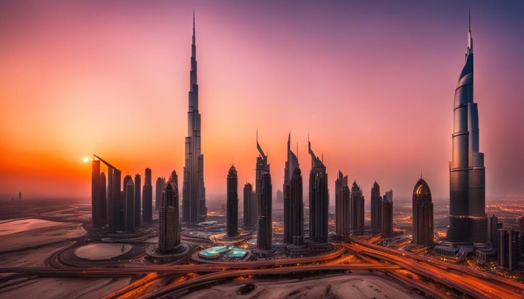 Dubai skyline at sunset Dubai skyline at sunset