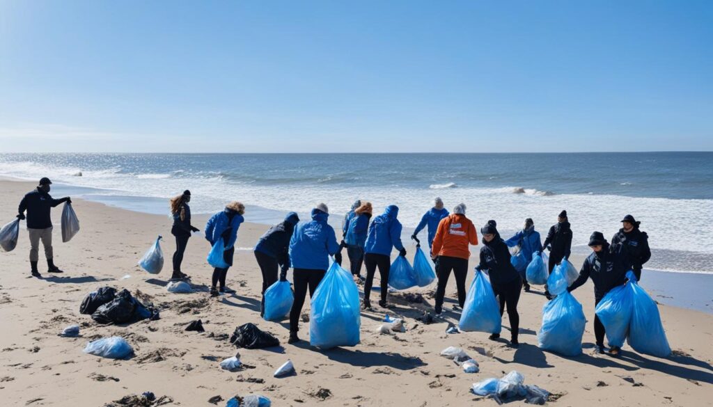 Volunteers assisting with beach clean-up Volunteers assisting with beach clean-up