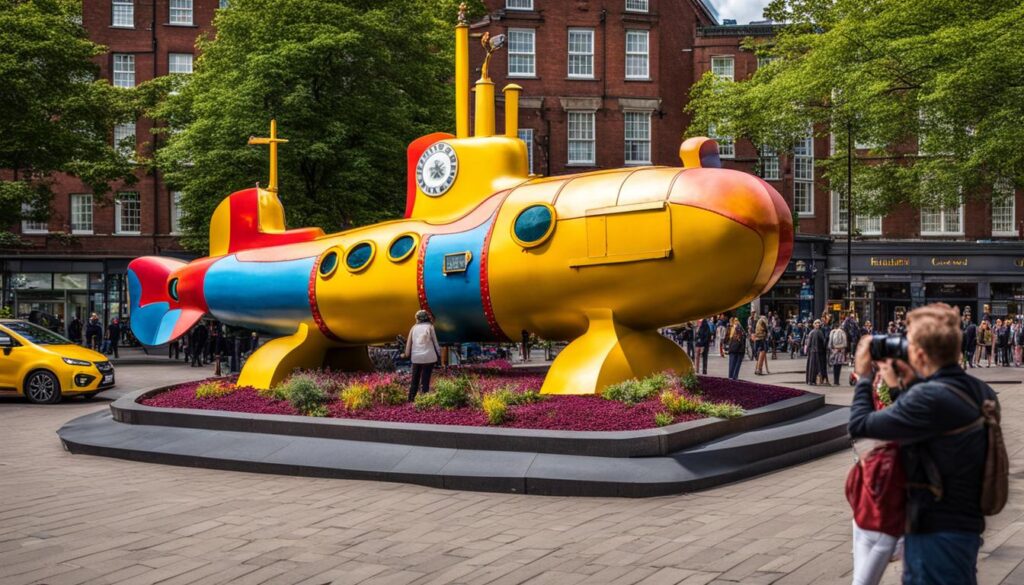 famous Yellow submarine statue in Liverpool famous Yellow submarine statue in Liverpool