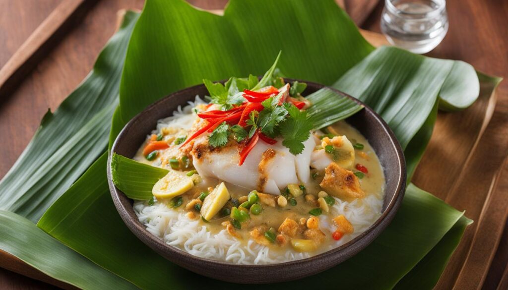 Fish amok, the signature dish of Khmer cuisine Fish amok, the signature dish of Khmer cuisine