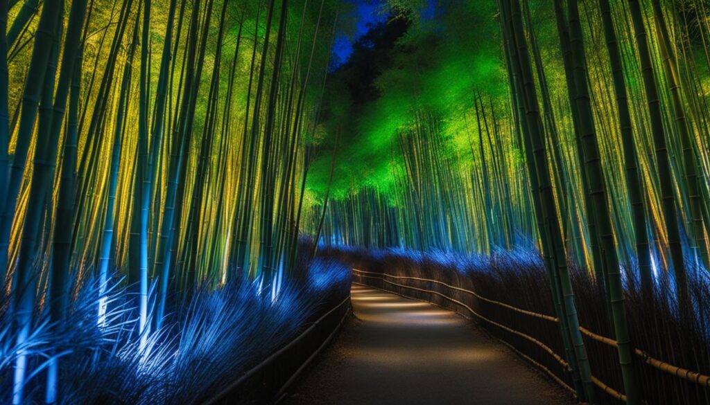 Illuminated bamboo forest at Arashiyama Hanatouro Illuminated bamboo forest at Arashiyama Hanatouro