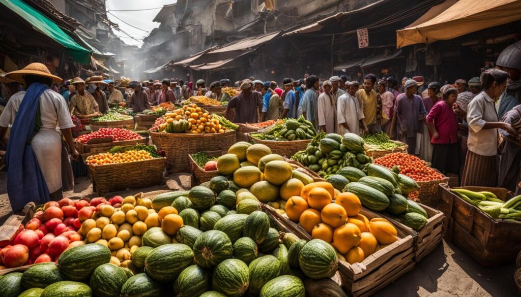Local produce in a vibrant market scene Local produce in a vibrant market scene