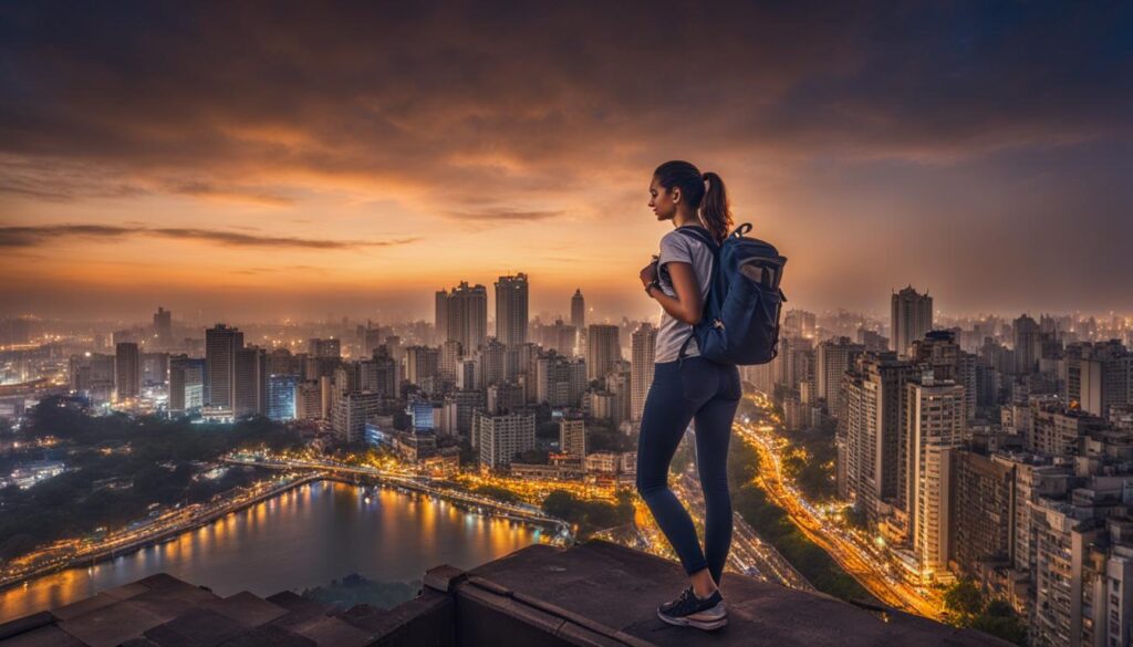 solo female traveler in Mumbai skyline view solo female traveler in Mumbai skyline view