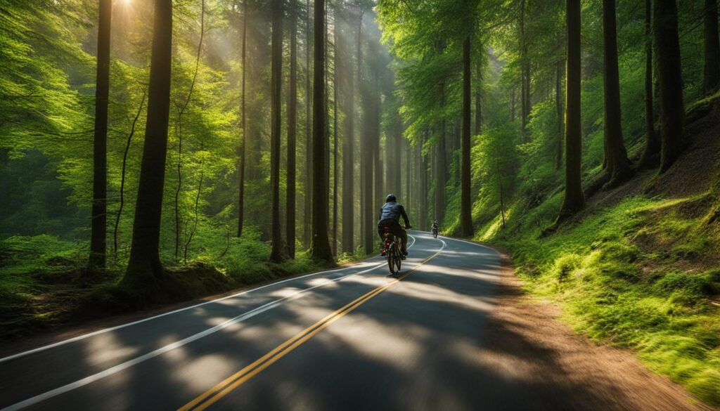 Biking on a scenic route Biking on a scenic route