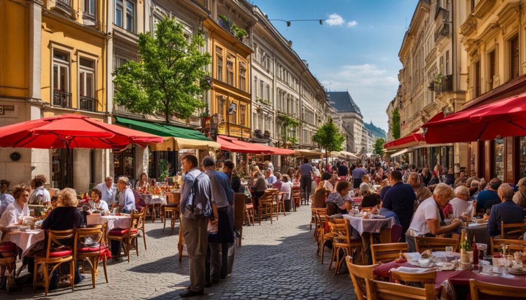 Budapest street view with restaurants Budapest street view with restaurants
