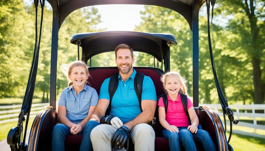 Family enjoying a horse-drawn carriage ride in Lancaster County Family enjoying a horse-drawn carriage ride in Lancaster County