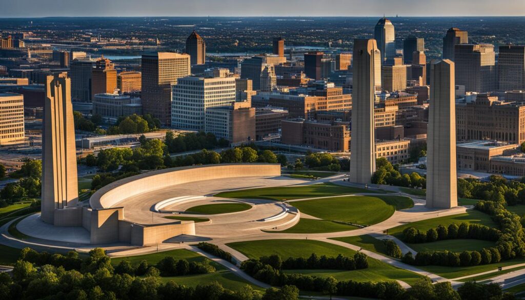 National WWI Museum and Memorial panoramic view of Kansas City skyline National WWI Museum and Memorial panoramic view of Kansas City skyline