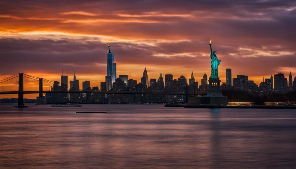 Statue of Liberty and skyline of New York City Statue of Liberty and skyline of New York City