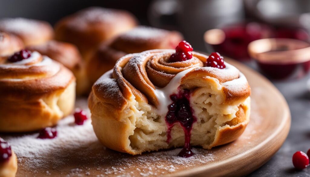 cinnamon bun with lingonberry jam cinnamon bun with lingonberry jam
