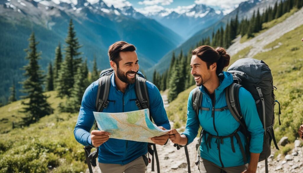 man and woman hiking together man and woman hiking together