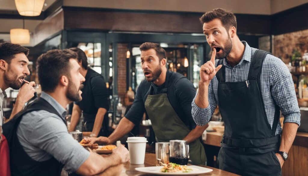 man communicating with restaurant staff man communicating with restaurant staff