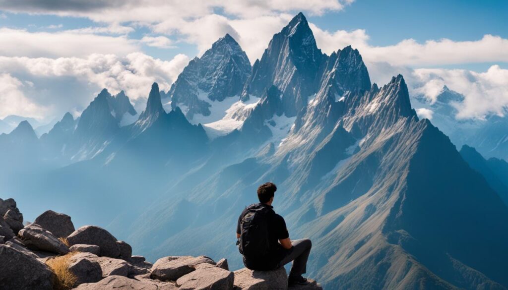 man sitting on rock, looking at beautiful mountain landscape man sitting on rock, looking at beautiful mountain landscape