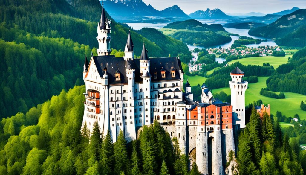 Majestic Neuschwanstein Castle amidst Bavarian woods Majestic Neuschwanstein Castle amidst Bavarian woods