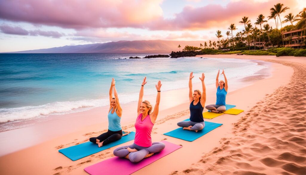 Outdoor sunrise yoga in Maui Outdoor sunrise yoga in Maui
