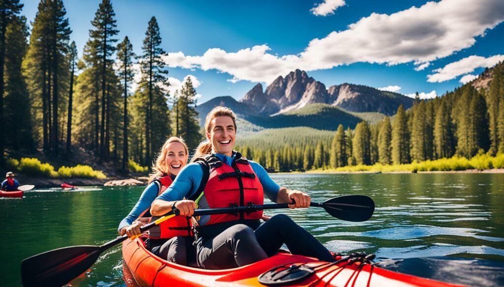 couple kayaking on a picturesque lake couple kayaking on a picturesque lake