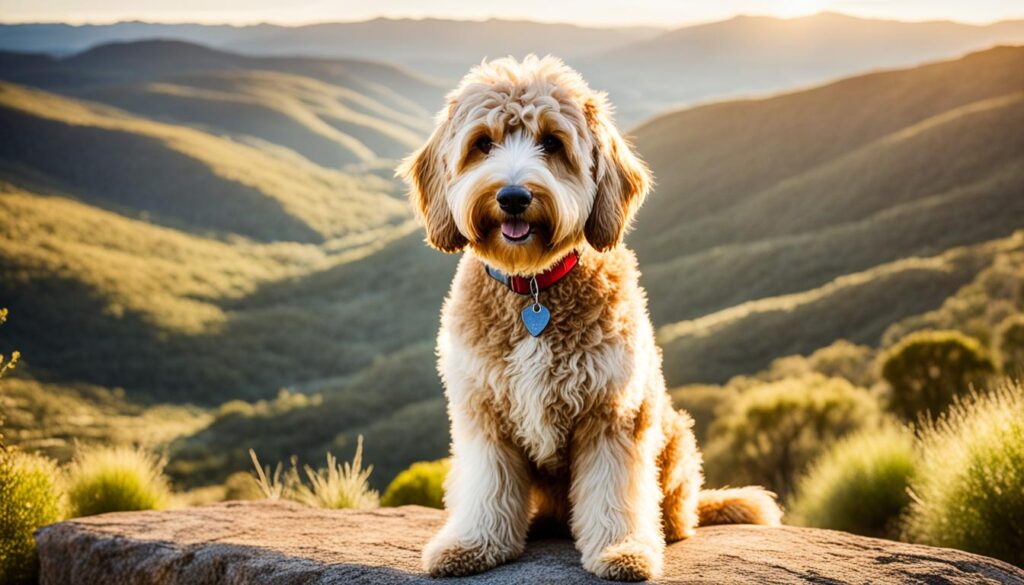 reflective Australian Labradoodle looking over a valley reflective Australian Labradoodle looking over a valley