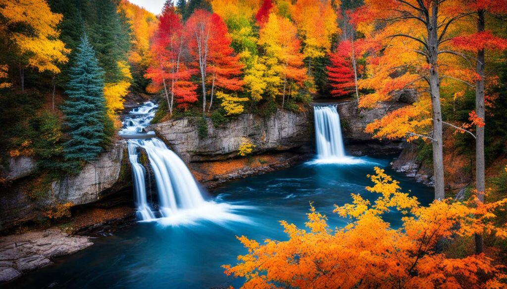Autumn leaves and waterfalls Autumn leaves and waterfalls