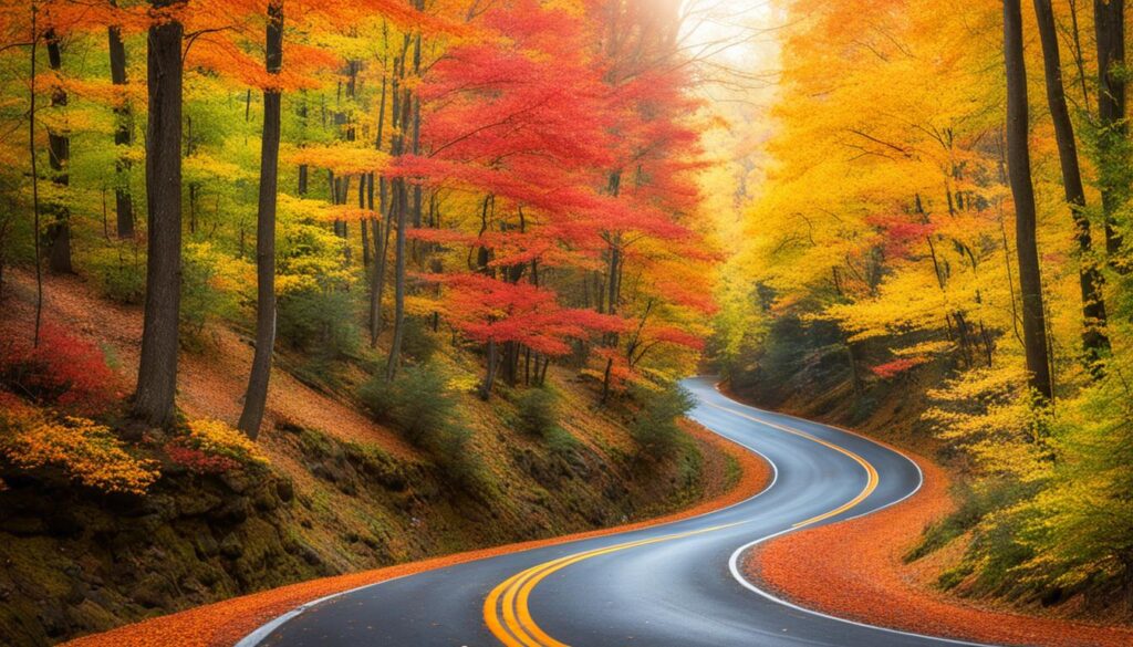 Scenic drive through autumn leaves Scenic drive through autumn leaves