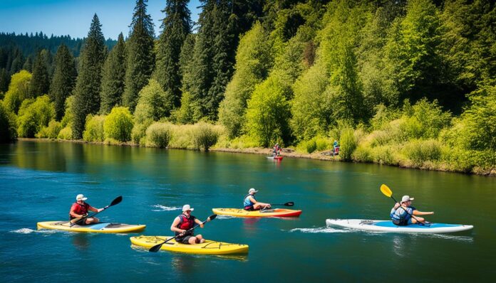 Stand-up paddleboarding and kayaking on the Willamette River