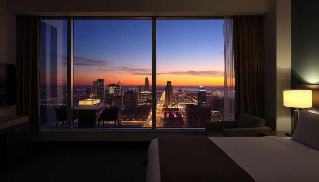 Affordable rooms with city skyline view