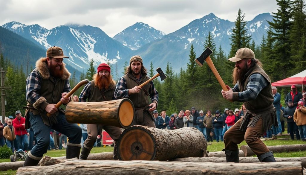 Alaskan lumberjacks performing at the Ketchikan lumberjack show Alaskan lumberjacks performing at the Ketchikan lumberjack show