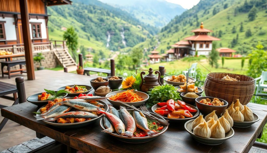 Bhutanese cuisine showcasing local seafood and Hoentay in Haa Valley