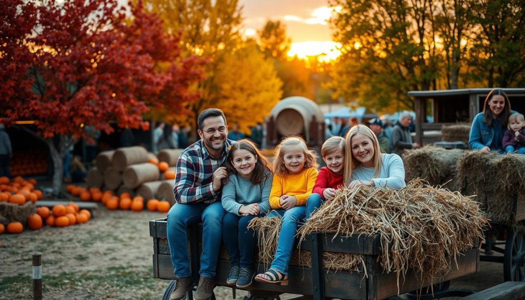 Family enjoying a hayride at a fall festival