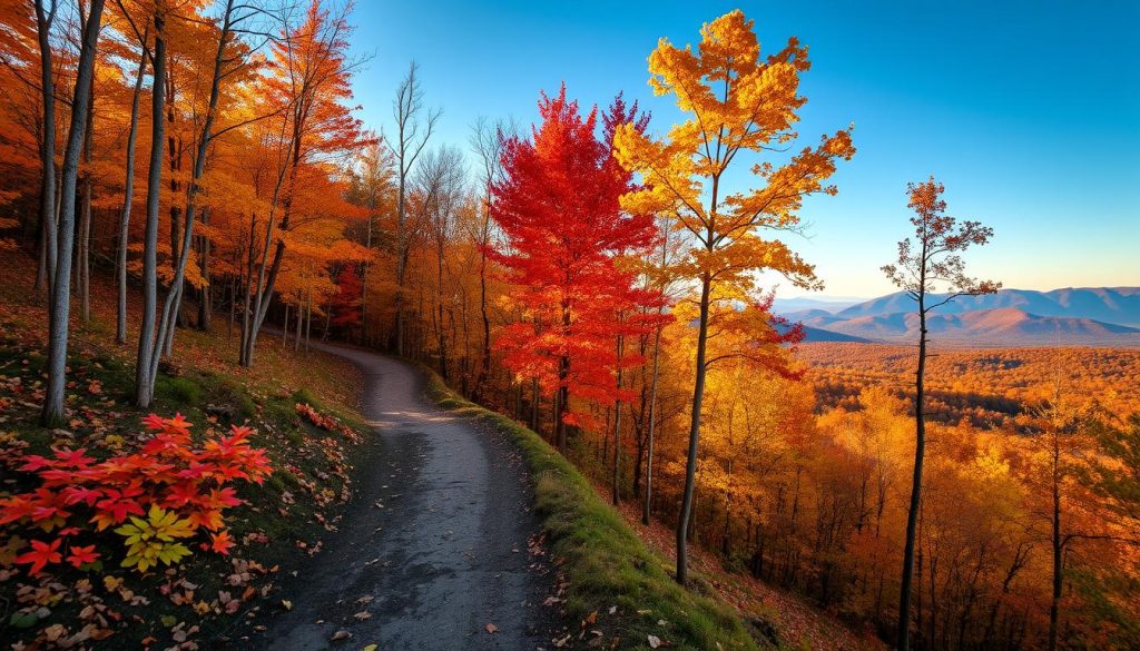 Hiking trails through fall foliage Hiking trails through fall foliage