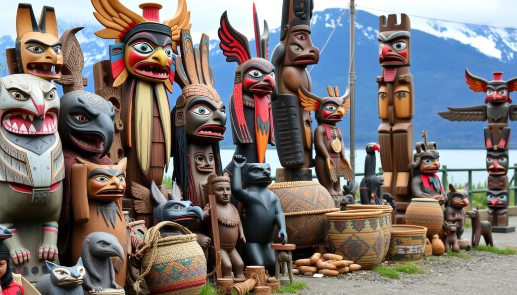 Native Alaskan art showcasing sculptures and traditional crafts