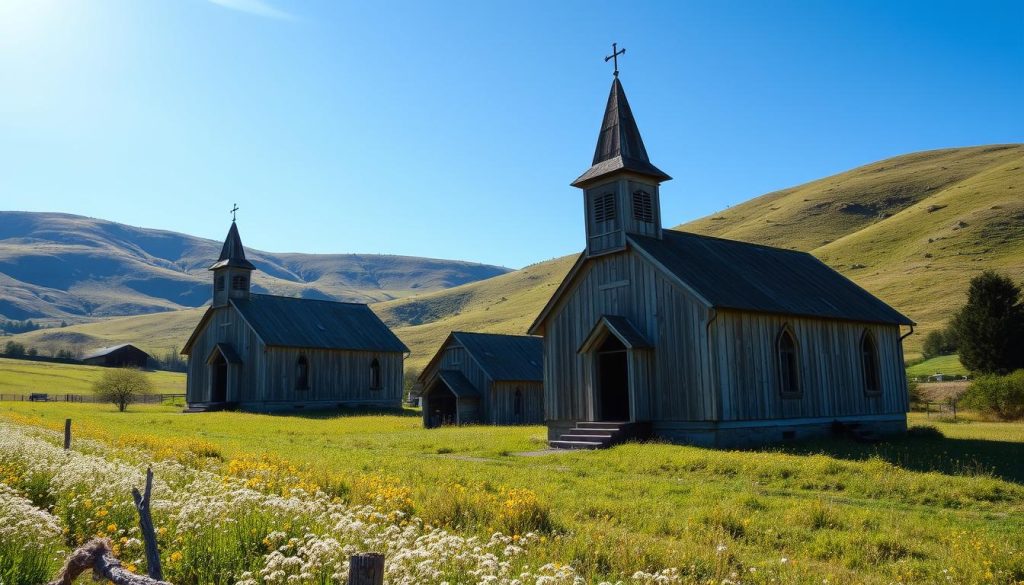 Rustic church buildings in rural landscape Rustic church buildings in rural landscape