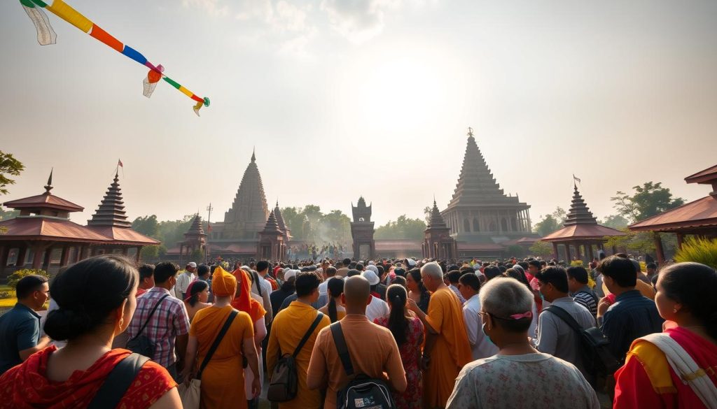 Can visitors participate in religious ceremonies in Lumbini