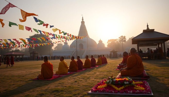 Can visitors participate in religious ceremonies in Lumbini?