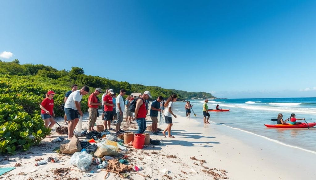 Green travel activities related to beach clean-up initiatives and ecotourism adventures