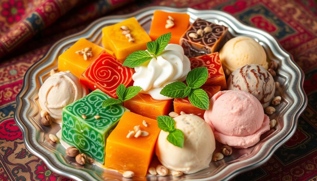 Omani desserts including Halwa and ice cream Omani desserts including Halwa and ice cream