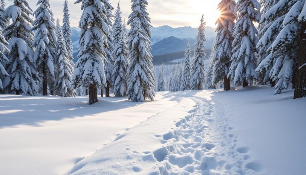 Snowshoeing trails in winter landscape Snowshoeing trails in winter landscape