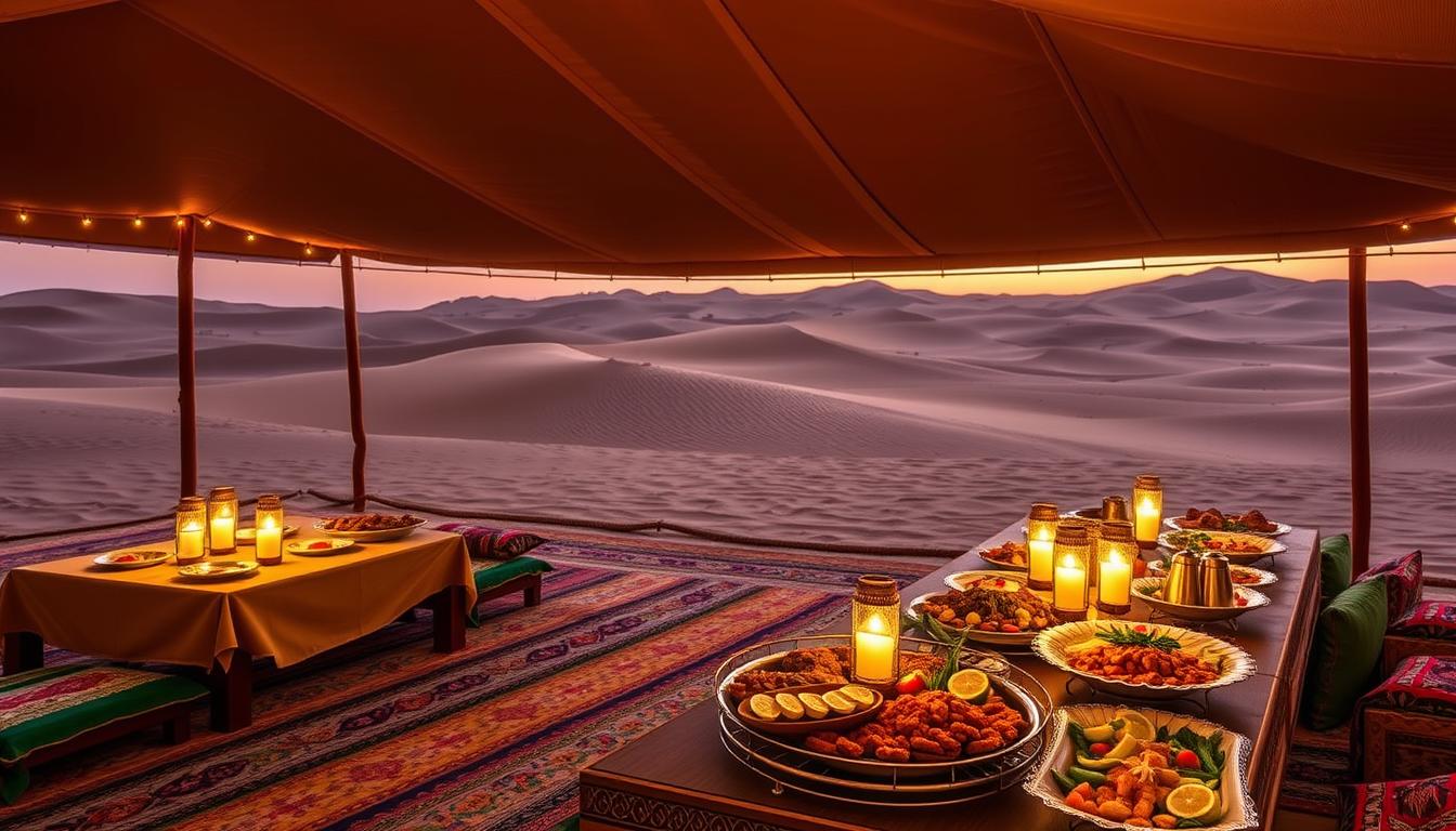 What are the options for dining in the desert camps of Wahiba Sands?