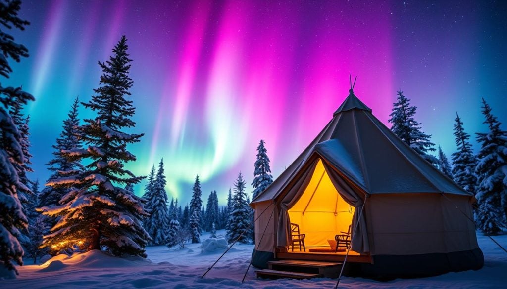 Winter wonderland camping under Northern Lights