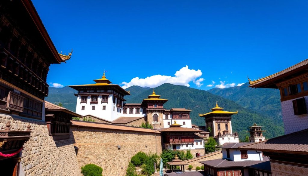 Bhutanese architecture at Tashichho Dzong Bhutanese architecture at Tashichho Dzong