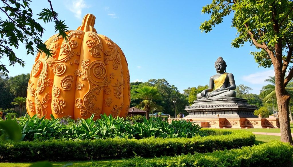 Buddha Park attractions including Giant Pumpkin Monument and Reclining Buddha statue Buddha Park attractions including Giant Pumpkin Monument and Reclining Buddha statue