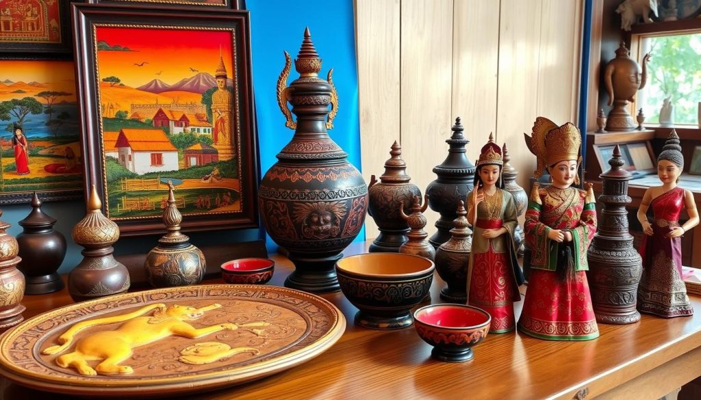 Burmese handicrafts including sand paintings, lacquerware, and marionettes Burmese handicrafts including sand paintings, lacquerware, and marionettes