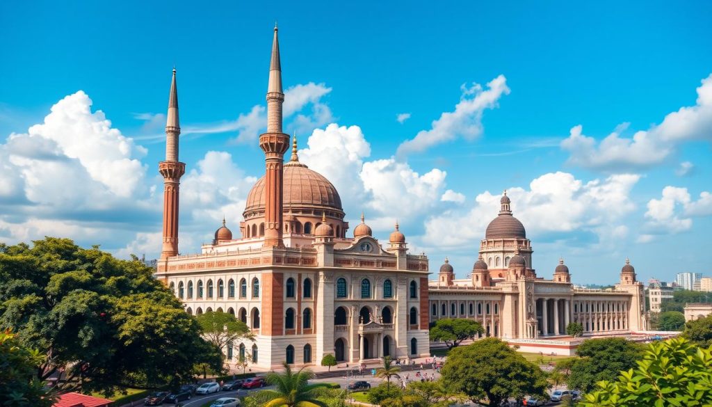 Dhaka architecture featuring Baitul Mukarram Mosque and National Parliament House Dhaka architecture featuring Baitul Mukarram Mosque and National Parliament House