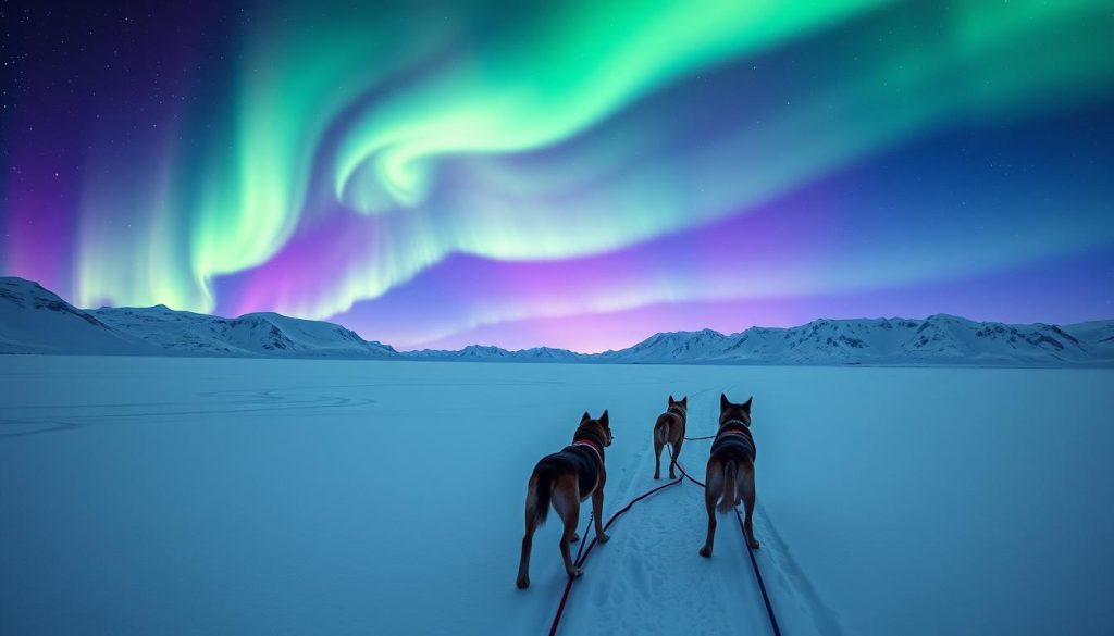 Dog sledding under Northern Lights