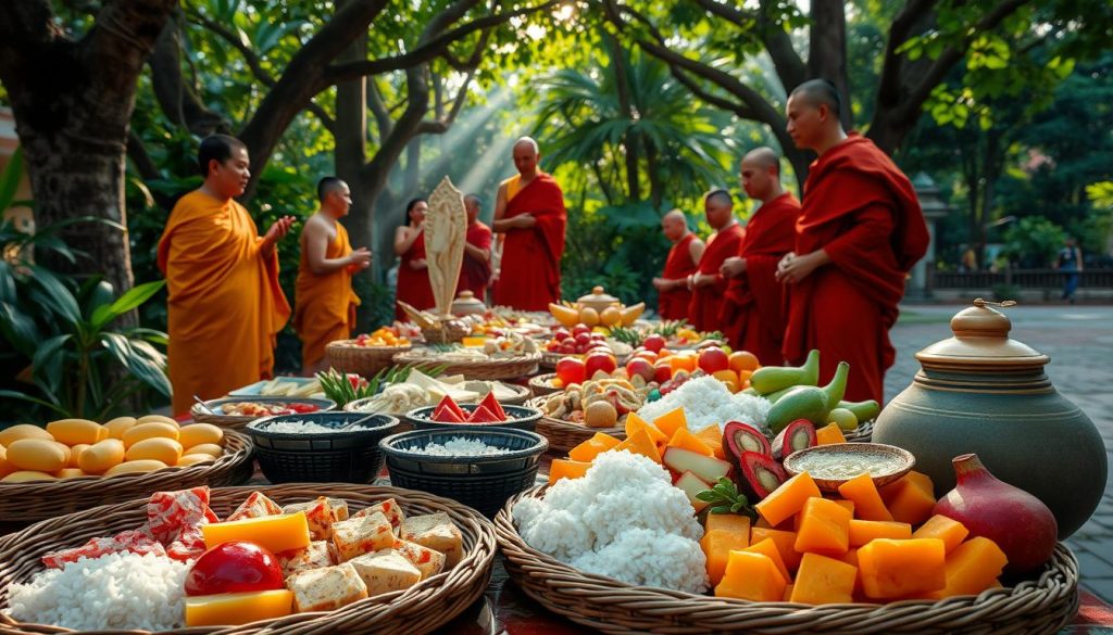 Food presentation during Tak Bat ceremony Food presentation during Tak Bat ceremony