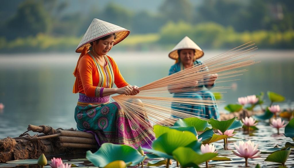 Kayan Long-neck women and lotus fiber weaving Kayan Long-neck women and lotus fiber weaving