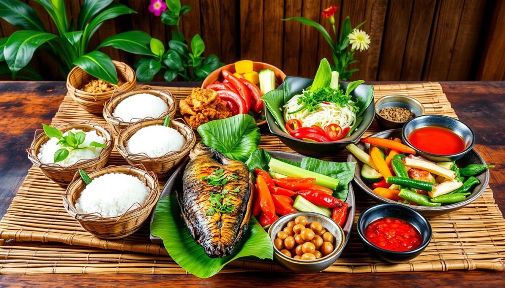 Lao cuisine showcasing traditional Laotian dishes Lao cuisine showcasing traditional Laotian dishes