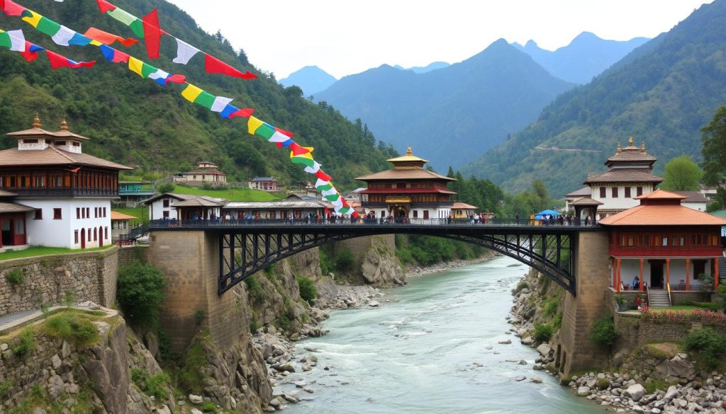 Old Iron Bridge in Paro showcasing Bhutanese culture Old Iron Bridge in Paro showcasing Bhutanese culture