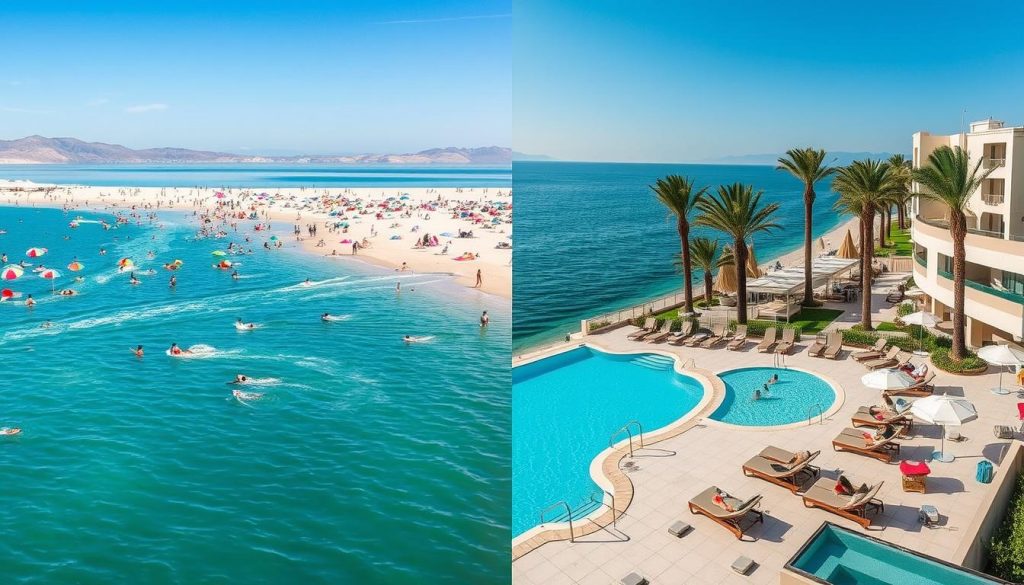 Public beach vs resort Dead Sea Public beach vs resort Dead Sea