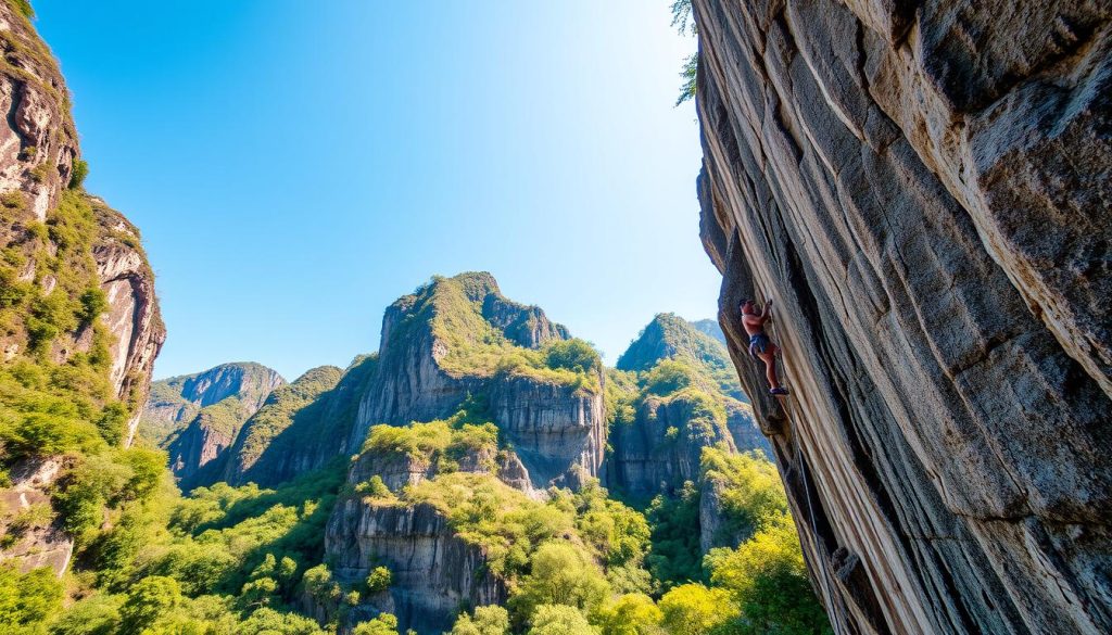 Vang Vieng rock climbing with limestone cliffs in the background Vang Vieng rock climbing with limestone cliffs in the background