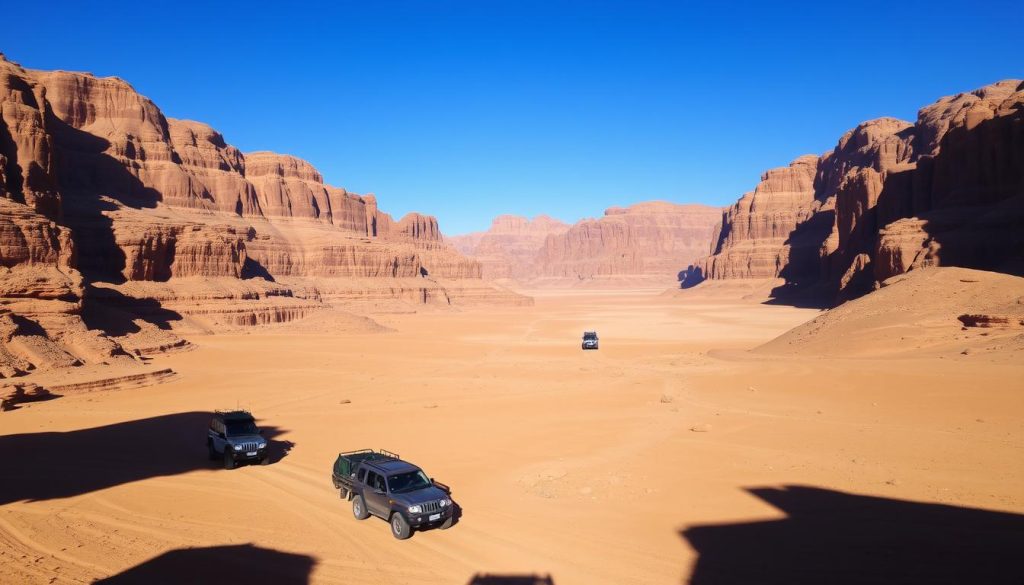 Wadi Rum landscape with four-wheel-drive vehicles Wadi Rum landscape with four-wheel-drive vehicles