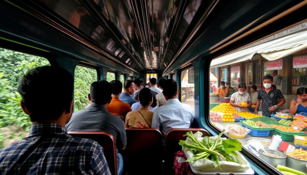 Yangon commuter train observing local markets Yangon commuter train observing local markets